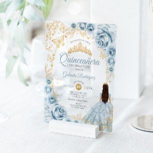 Invitaciones Acrílicas Quinceañera Bebé Azul Dorado Floral