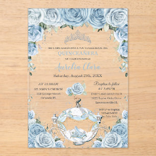 Invitaciones Acrílicas Quinceañera Bebé Azul Floral Cenicienta Carruaje