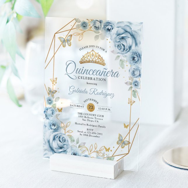 Invitaciones Acrílicas Quinceanera Bebé Floral Oro Azul (Subido por el creador)