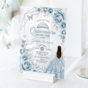 Invitaciones Acrílicas Quinceanera Bebé Vestido Azul Plata Floral