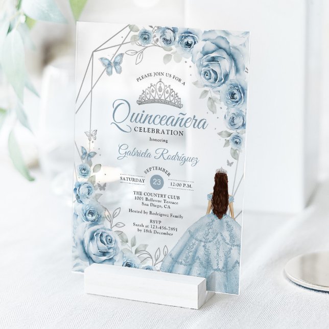 Invitaciones Acrílicas Quinceanera Bebé Vestido Azul Plata Floral (Subido por el creador)