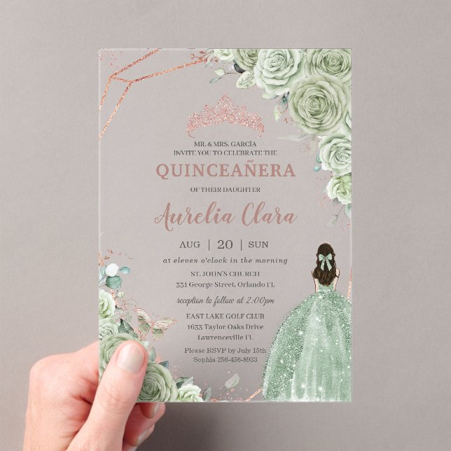 Invitaciones Acrílicas Quinceañera Birthday Sage Green Floral Rosa Gold (Insitu (portátil))