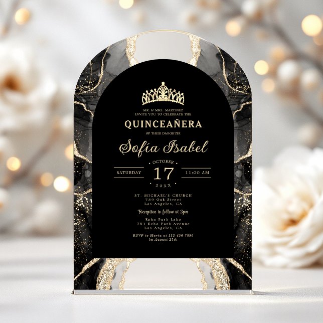 Invitaciones Acrílicas Quinceañera Black Gold Agate Elegante (Subido por el creador)