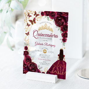 Invitaciones Acrílicas Quinceañera Borgoña Floral Dorada