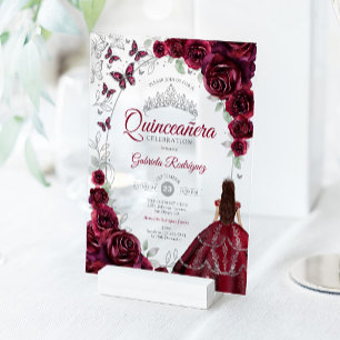 Invitaciones Acrílicas Quinceañera Borgoña Flores de Plata