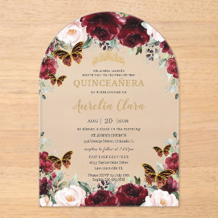 Invitaciones Acrílicas Quinceañera Borgoña Flores Rosadas Mariposas Dorad
