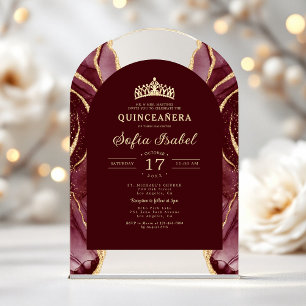 Invitaciones Acrílicas Quinceañera Borgoña Oro Ágata Elegante