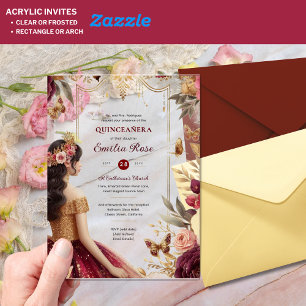 Invitaciones Acrílicas Quinceañera Borgoña Rojo Dorado Vestido de Quince 