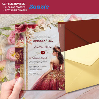 Invitaciones Acrílicas Quinceañera Borgoña Rojo Dorado Vestido de Quince
