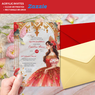 Invitaciones Acrílicas Quinceañera Borgoña Rojo Dorado Vestido de Quince