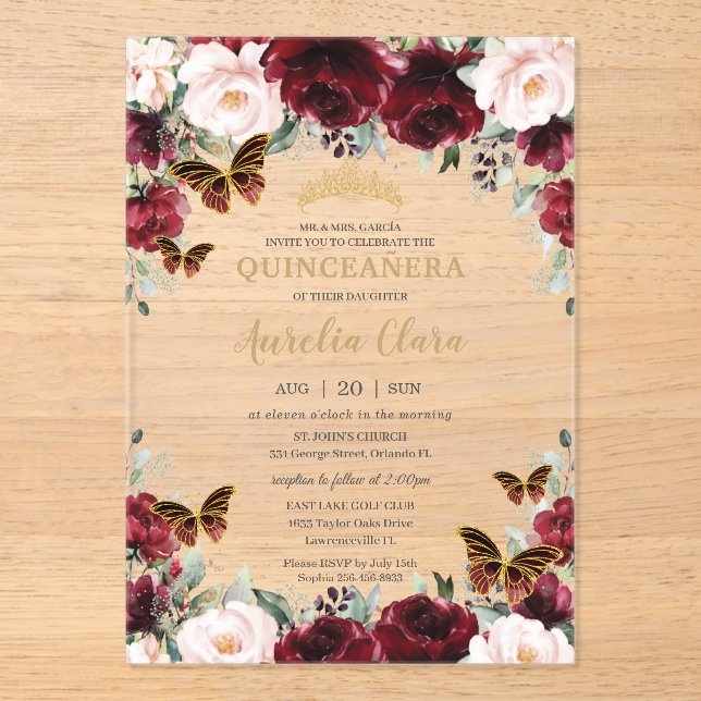 Invitaciones Acrílicas Quinceañera Burgundy Blush Floral Gold Butterflies (Anverso)