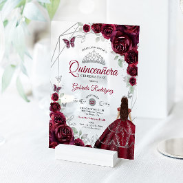 Invitaciones Acrílicas Quinceanera Burgundy Dress Floral