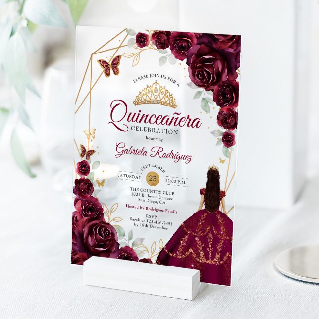 Invitaciones Acrílicas Quinceanera Burgundy Dress Floral Gold (Subido por el creador)