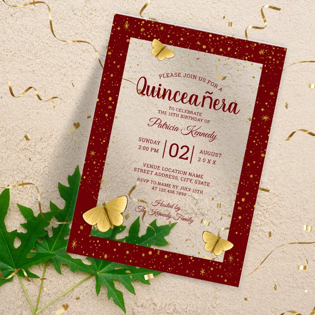 Invitaciones Acrílicas Quinceañera Burgundy&Gold Butterflies 15 cumpleaño (Quinceañera Burgundy&Gold Butterflies 15 Birthday Acrylic Invitations
)