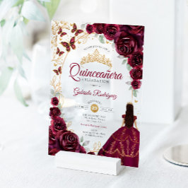 Invitaciones Acrílicas Quinceanera Burgundy Gold Floral