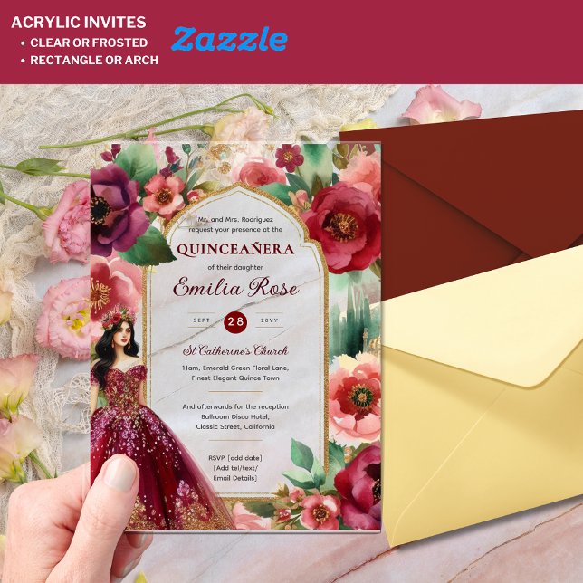 Invitaciones Acrílicas Quinceañera Burgundy Red Gold Quince Vestidos Flor (Subido por el creador)