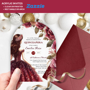 Invitaciones Acrílicas Quinceañera Burgundy Red Gold Quince Vestidos Flor