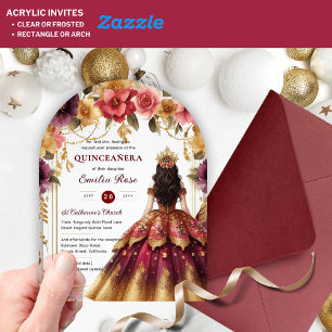 Invitaciones Acrílicas Quinceañera Burgundy Red Gold Quince Vestidos Flor