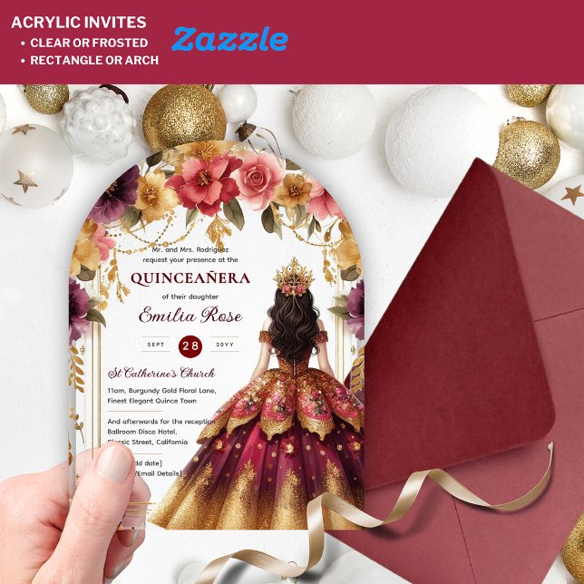 Invitaciones Acrílicas Quinceañera Burgundy Red Gold Quince Vestidos Flor (Subido por el creador)