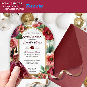 Invitaciones Acrílicas Quinceañera Burgundy Red Gold Quince Vestidos Flor