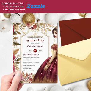 Invitaciones Acrílicas Quinceañera Burgundy Red Gold Quince Vestidos Flor