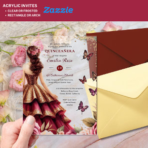 Invitaciones Acrílicas Quinceañera Burgundy Rojo Vestidos Butterflies