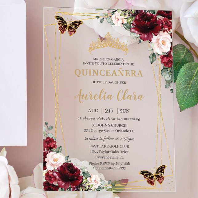 Invitaciones Acrílicas Quinceañera Burgundy Rubor Floral Princesa Tiara (Subido por el creador)