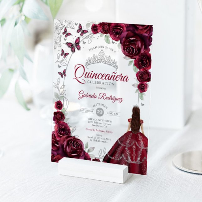 Invitaciones Acrílicas Quinceanera Burgundy Silver Floral (Subido por el creador)