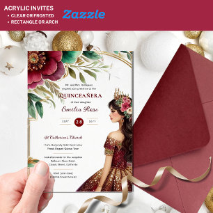 Invitaciones Acrílicas Quinceañera Burgunera Red Green Gold Vress Quince