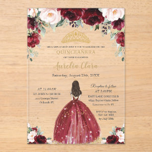 Invitaciones Acrílicas Quinceañera Chic Burgundy Blush Floral Princesa