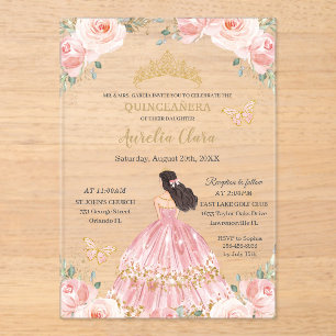 Invitaciones Acrílicas Quinceañera Chic Rosa Floral Oro Princesa