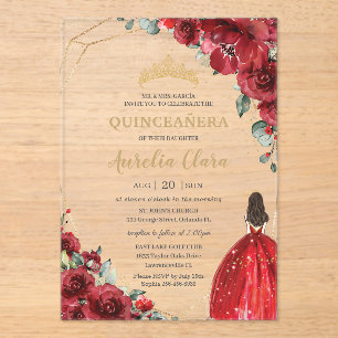 Invitaciones Acrílicas Quinceañera Chic Rosas Rojas Flores Floral Princes