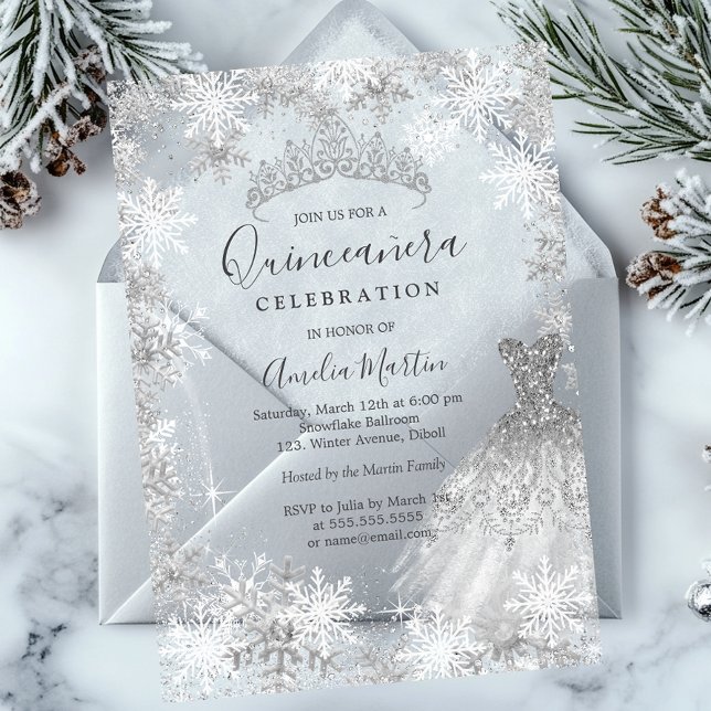 Invitaciones Acrílicas Quinceanera clara de copo de nieve en invierno (Subido por el creador)