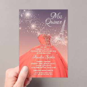 Invitaciones Acrílicas Quinceañera Coral Dress Eiffel Tower