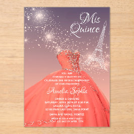 Invitaciones Acrílicas Quinceañera Coral Dress Eiffel Tower