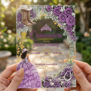 Invitaciones Acrílicas Quinceañera Country Western Rosas Purpúreas Dorada