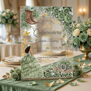 Invitaciones Acrílicas Quinceañera Country Western Verde Salvia Rosa Dora