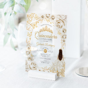 Invitaciones Acrílicas Quinceañera Crema Floral Dorada