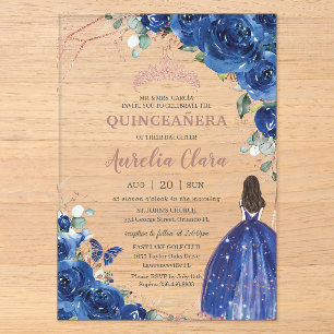 Invitaciones Acrílicas Quinceañera Cumpleaños Real Azul Floral Princesa
