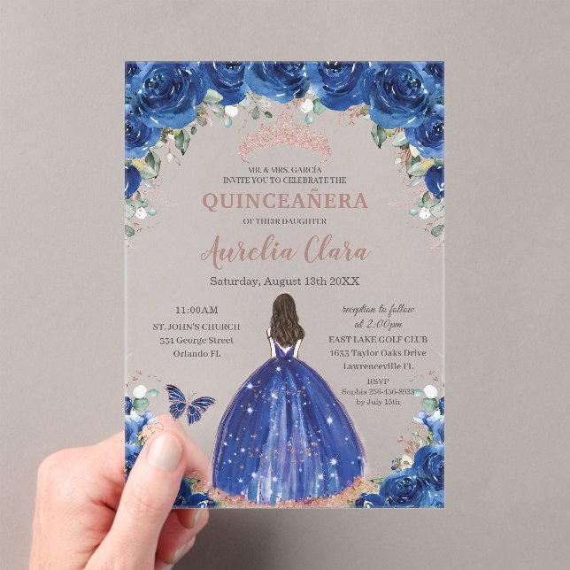 Invitaciones Acrílicas Quinceañera Cumpleaños Real Floral Azul Princesa X (Insitu (portátil))