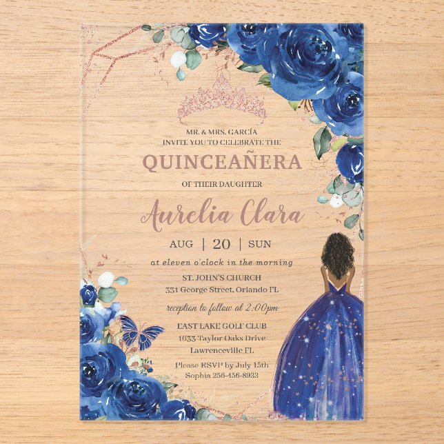 Invitaciones Acrílicas Quinceañera Cumpleaños Royal Blue Floral Brown Chi (Anverso)