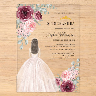 Invitaciones Acrílicas Quinceañera de acuarela floral cumpleaños 15