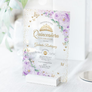 Invitaciones Acrílicas Quinceañera de flores lavanda púrpura acuarela