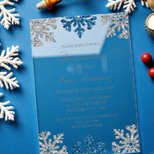 Invitaciones Acrílicas Quinceanera de invierno con copos de nieve azul de