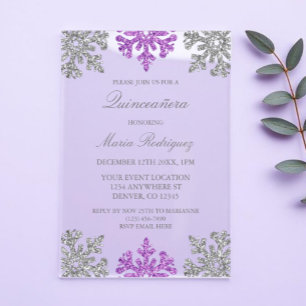 Invitaciones Acrílicas Quinceañera de invierno de copo de nieve púrpura p