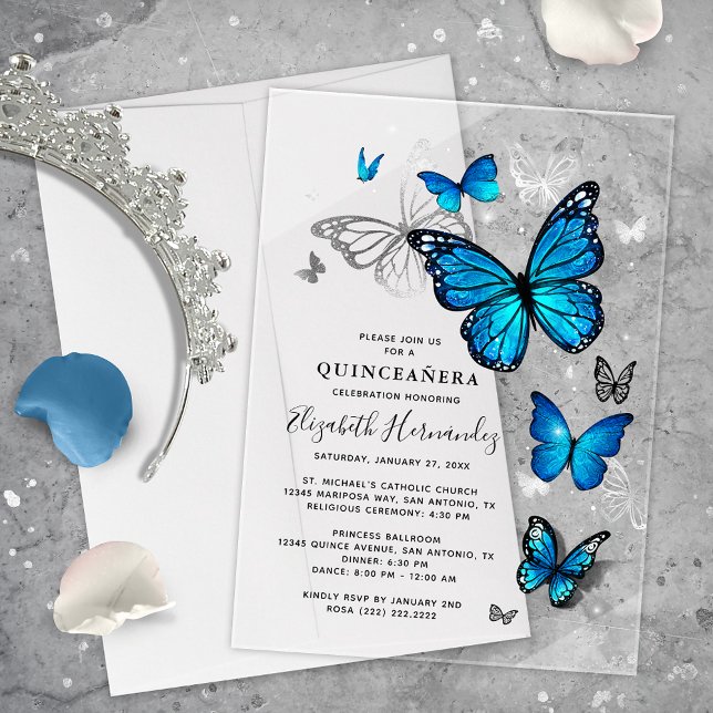 Invitaciones Acrílicas Quinceanera de mariposa elegante, plateada y azul (Elegant blue butterfly acrylic quinceanera invitations that will bring your fairy tale to life!)