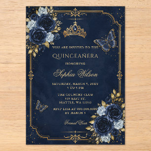 Invitaciones Acrílicas Quinceañera de Mariposa Floral Dorada de la Marina
