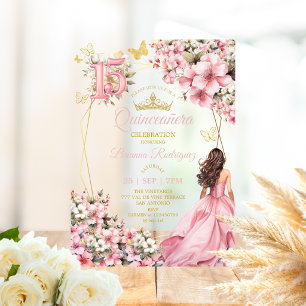 Invitaciones Acrílicas Quinceañera de mariposas doradas florales rosa rub