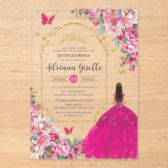 Invitaciones Acrílicas Quinceañera de oro floral rosa de fucsia 16 XV (Anverso)