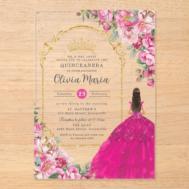 Invitaciones Acrílicas Quinceañera de oro floral rosa de fucsia 16 XV (Anverso)
